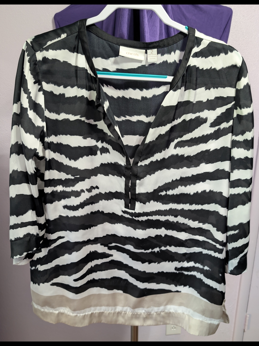 Chico's Black & White Zebra-Stripe Split V-Neck Blouse